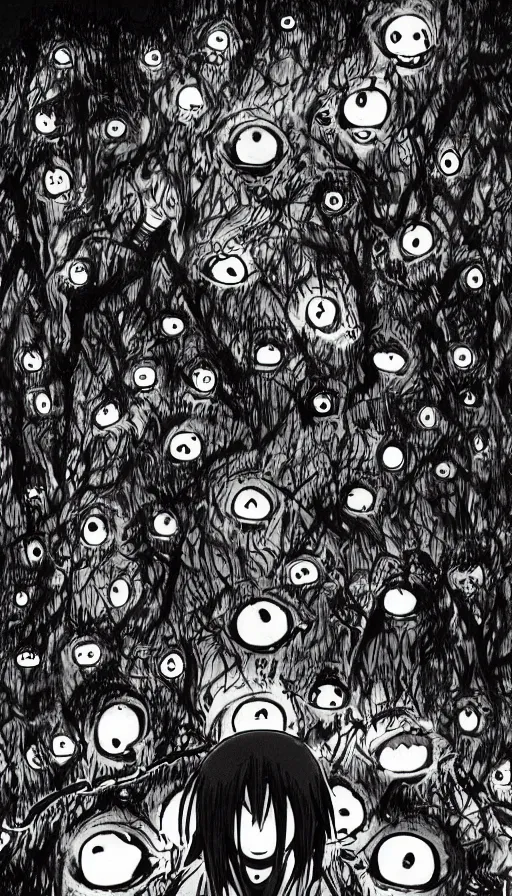 Image similar to a storm vortex made of many demonic eyes and teeth over a forest, by hajime isayama