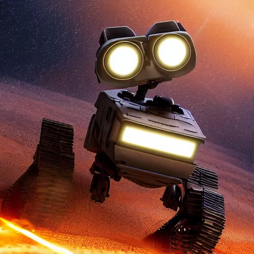 Prompt: photo of wall-e in a star wars movie scene, ultra detailed, god rays, 8k