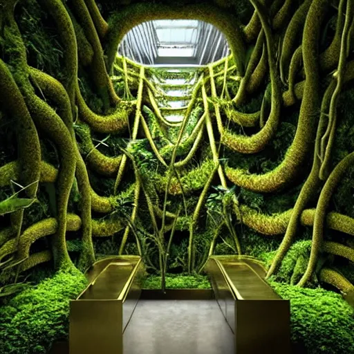 Image similar to a dream about opulent, abandoned overgrown futuristic base on Mars designed by Zaha Hadid, lush plants growing through the glossy floors and walls, walls are covered with moss and vines, beautiful, dusty, golden volumetric light shines through, golden rays fill the space with warmth, rich with epic details, dreamy atmosphere and drama