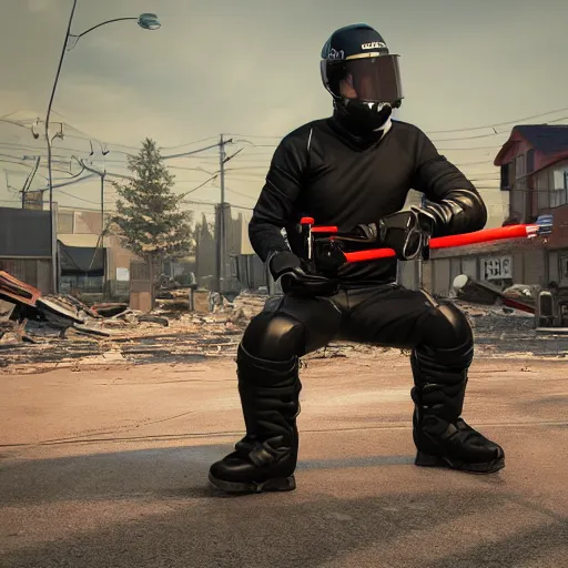 prompthunt: Man wearing dark racing helmet with cracked visor, red hockey  pads, snowboots, leather jacket, black leather gloves, firing a comically  large minigun, in destroyed, abandoned, vibrant, suburban neighborhood.  high quality, unreal