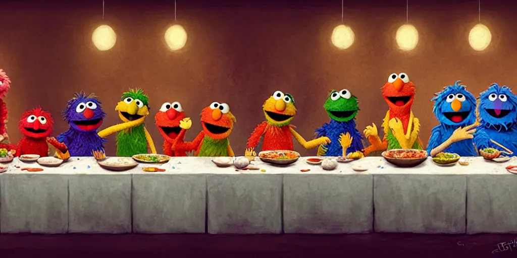 Image similar to sesame street last supper by greg rutkowski, digital painting, trending on artstation, sharp focus, 4 k