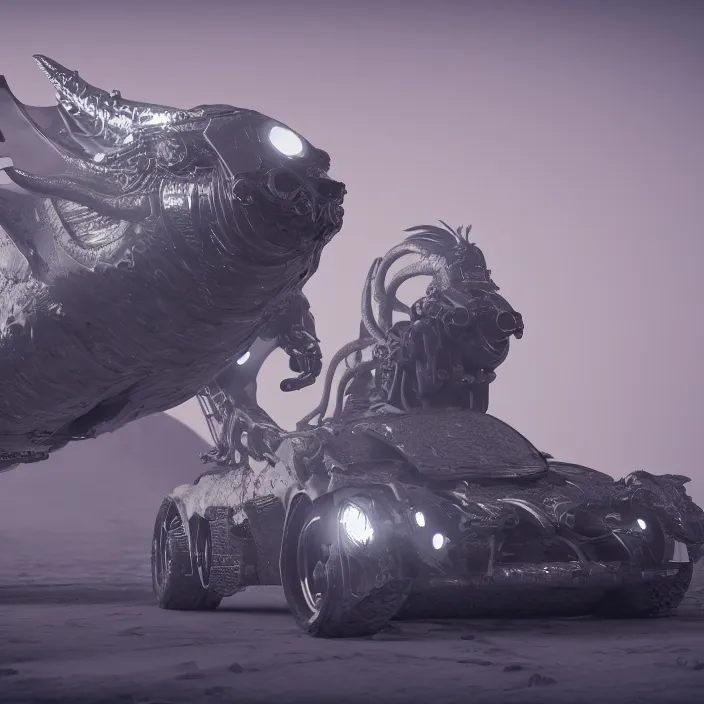 Prompt: a 3 d render of a cyberpunk dragon car on the moon, 8 k, realistic, dynamic, artstation, digital art