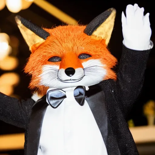 Image similar to Professional photograph of an anthropomorphic male fox wearing a fancy tuxedo, handsome eyes and a charismatic smile, hosting a show at a cabaret