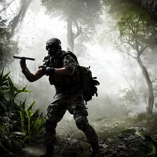 Prompt: Mercenary Special Forces soldier in light grey uniform with black armored vest and helmet launching an ambush attack in the jungles of Tanoa, combat photography by Feng Zhu, highly detailed, excellent composition, cinematic concept art, dramatic lighting, trending on ArtStation