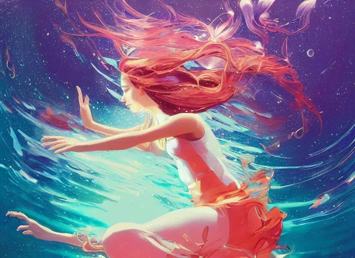 Image similar to a dancer floating underwater, with flowing hair, wearing a flowing sundress, swimming through a colorful starry galaxy, fantasy, cinematic, fine details by realistic shaded lighting poster by ilya kuvshinov katsuhiro otomo, magali villeneuve, artgerm, jeremy lipkin and michael garmash and rob rey