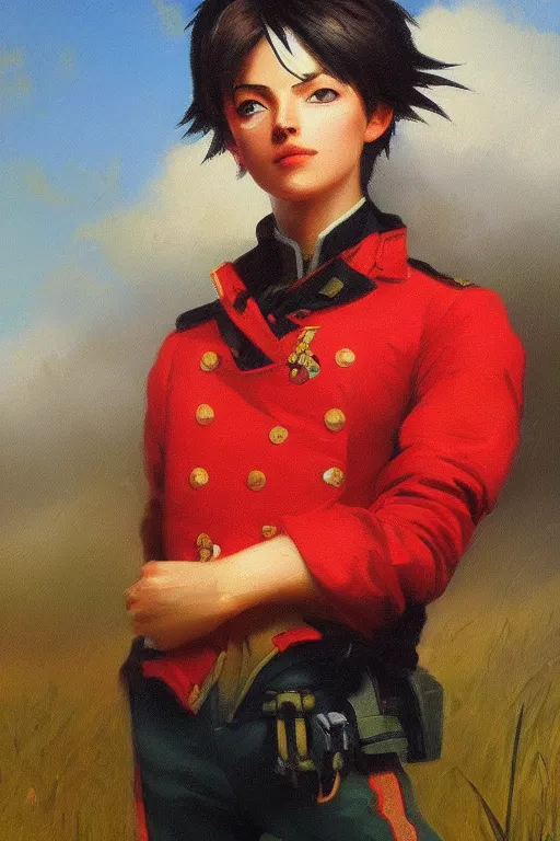 Prompt: oil painting of tracer overwatch in a field of grass wearing red uniform, in style of ivan aivazovsky, detailed face, detailed eyes, full body