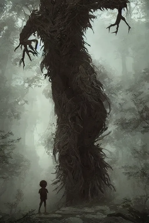 Prompt: a beautiful terrifying humanoid tree beast looms over a tiny human. at dawn, ethereal fantasy art by greg rutkowski