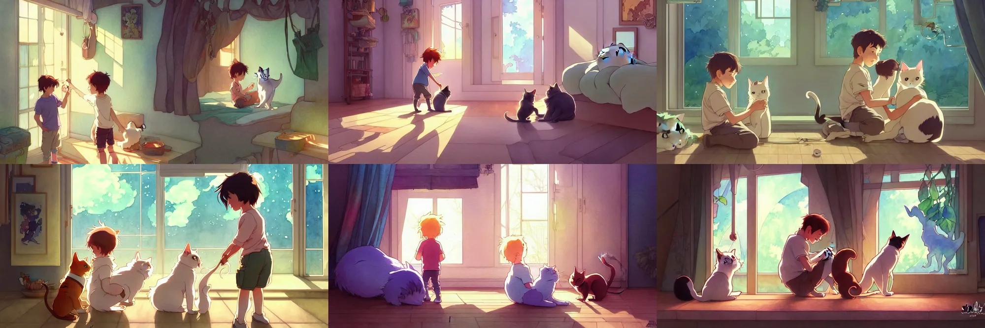 Prompt: a wholesome animation key shot of a boy playing with his cat inside, studio ghibli, pixar and disney animation, sharp, disney concept art watercolor illustration by mandy jurgens and alphonse mucha and alena aenami, pastel color palette, dramatic lighting
