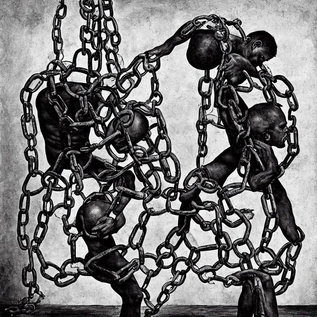 Prompt: a man whose head is a heavy ball and chains. artwork, surrealist, metaphysical, metaphorical, ephemeral, atmospheric, symbolic art.