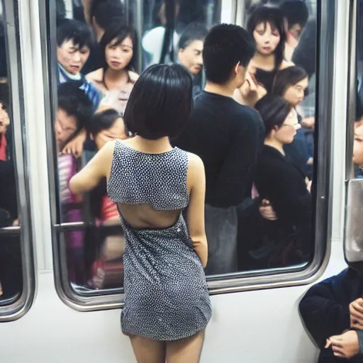 Image similar to a chinese girl with backless dress in the crowd subway train