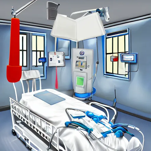 Image similar to IV station with patient in hospital bed getting blood transfusion, digital art