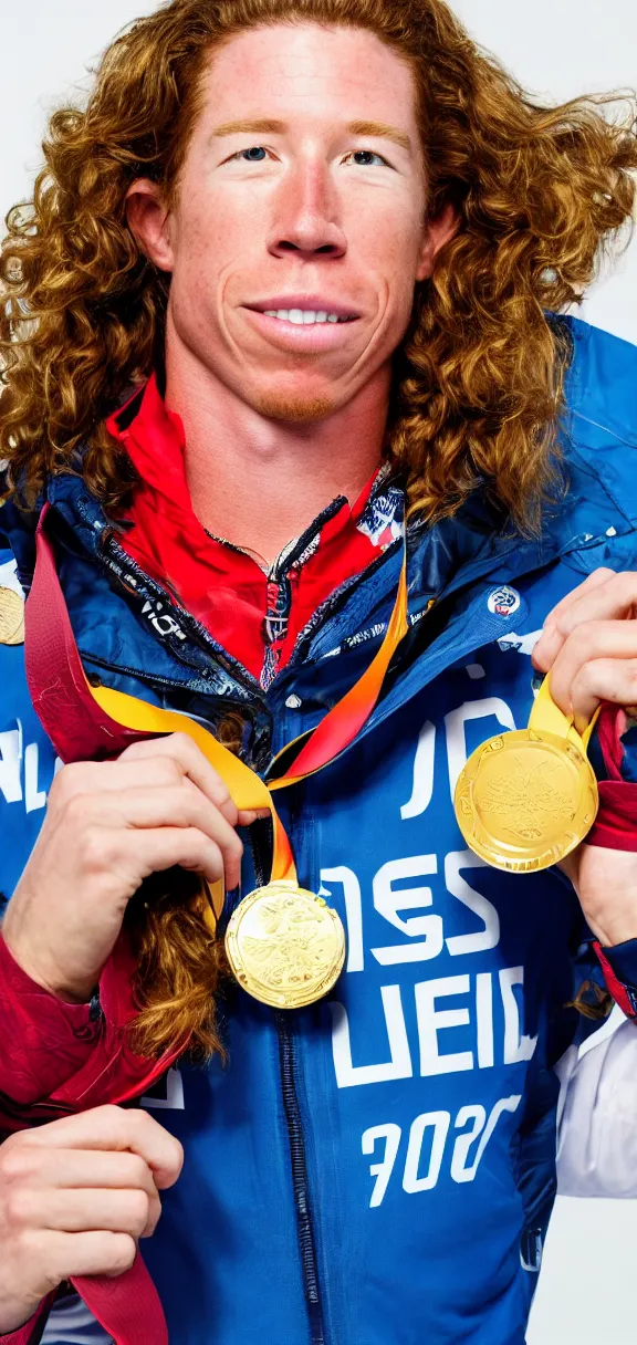 Image similar to high quality photograph of shaun white holding a gold medal with blue sky above him, rule of thirds, upper body shot, high quality, portrait image, nikon d 7 8 0