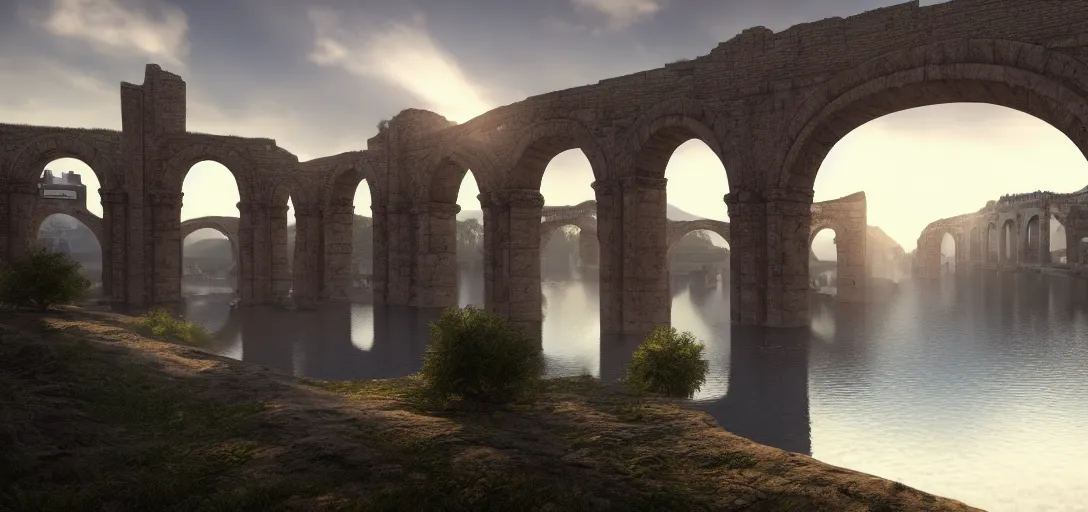 Image similar to epic view of giant roman aqueduct over beautiful lake, unreal engine, dramatic lighting, detailed, ambient occlusion, global illumination, god rays, 3 d artstation render by greg rutowski and jessica rossier