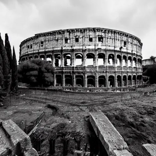 Prompt: a photo of the colosseum of Rome invaded by vegetation, even the surrounding areas of the city are invaded by trees and vegetation, everything seems abandoned, post-apocalyptic