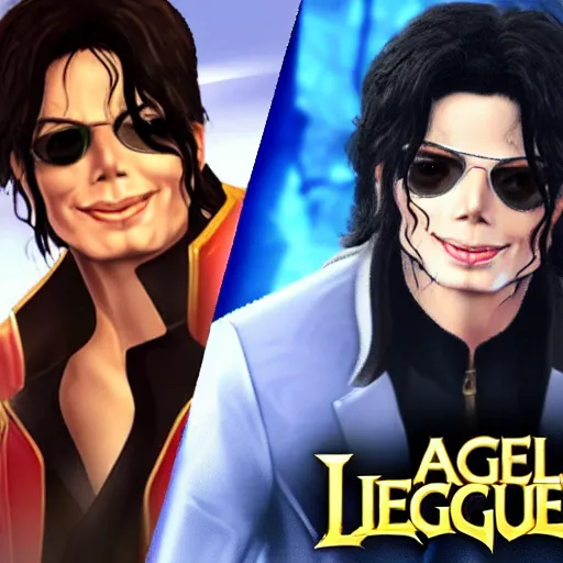 Image similar to michael jackson as a character in the game league of legends, with a background based on the game league of legends, detailed face