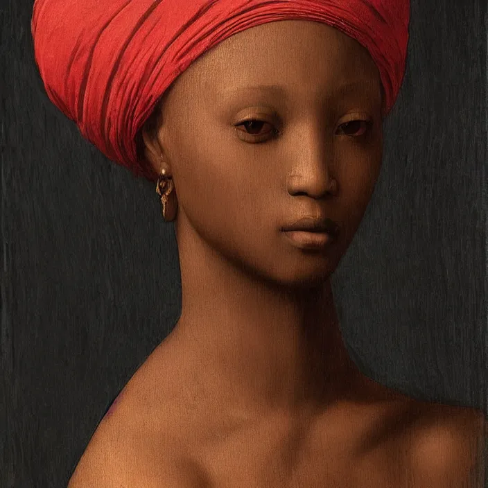 Image similar to a painting of a beautiful African woman by Leonardo da Vinci . dramatic angle, ethereal lights, details, smooth, sharp focus, illustration, realistic, cinematic, artstation, award winning, rgb , unreal engine, octane render, cinematic light, macro, depth of field, blur, red light and clouds from the back, highly detailed epic cinematic concept art CG render made in Maya, Blender and Photoshop, octane render, excellent composition, dynamic dramatic cinematic lighting, aesthetic, very inspirational, arthouse.