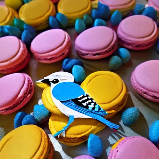 Image similar to A blue jay standing on a large basket of rainbow macarons.