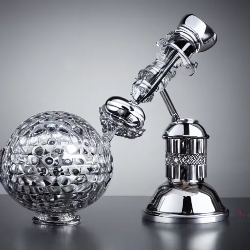 Image similar to studio photography of the world's most expensive bong, multiple and complex network of pipes, made of chrome, swarovski, detailed, ornaments, studio lighting