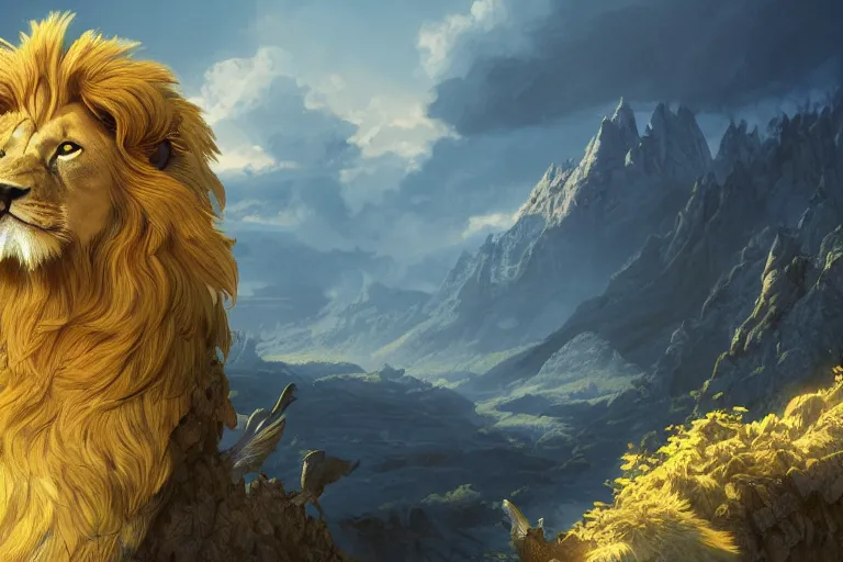 Prompt: Yellow feathered Lion with wings on a beautiful fantasy landscape, hills, mountains, moonlit, HD, illustration, epic, D&D, fantasy, intricate, elegant, highly detailed, digital painting, artstation, concept art, smooth, sharp focus, illustration, art by artgerm and greg rutkowski and alphonse mucha