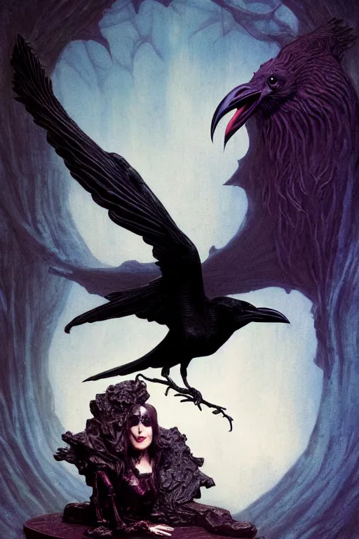 Image similar to raven perched on a bust of beautiful woman in a dark gothic room gothic, full frame, by wayne barlowe, peter mohrbacher, kelly mckernan, james o barr, 8 k, dark fantasy