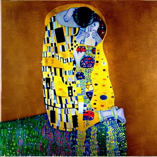 Image similar to The Kiss from Klimt but painted in the style of Vincent Van Gogh