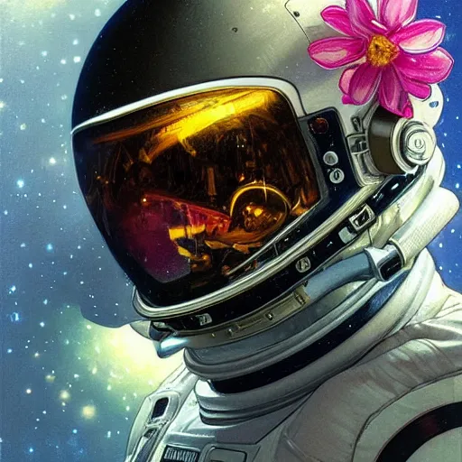 Image similar to a close up painting of an astronaut floating in space. his helmet visor is dark and reflective. you can see the reflection of flowers in his helmet visor. by artgerm and greg rutkowski and alphonse mucha