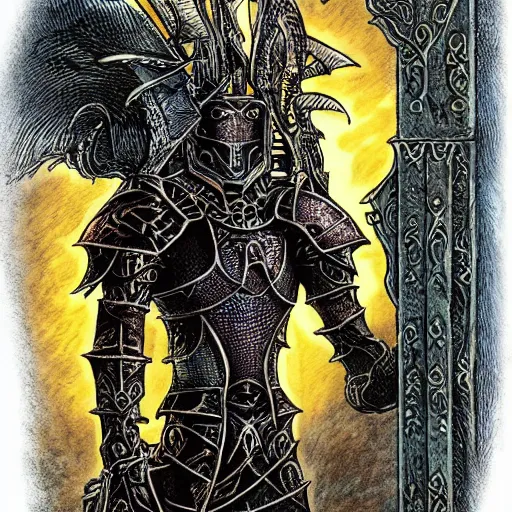 Image similar to gothic knight, intricate etched armor, standing astride a gate, in the style of terese nielsen, full color