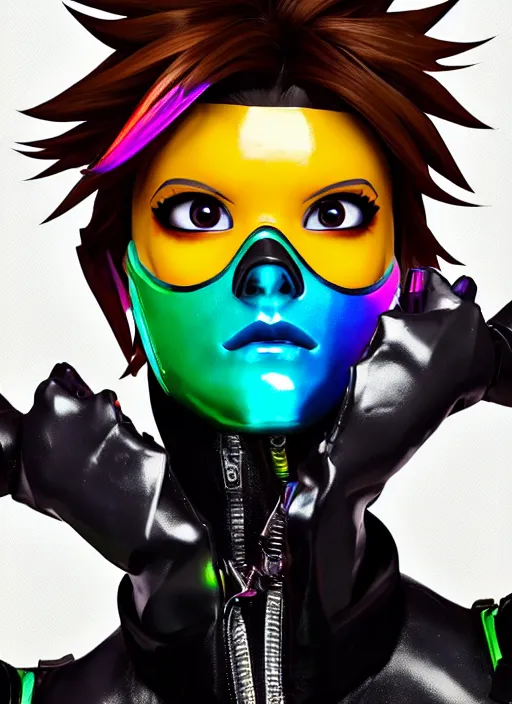 Image similar to overwatch style oil painting portrait of tracer overwatch, confident pose, wearing black iridescent rainbow latex, rainbow, neon, 4 k, expressive surprised expression, makeup, wearing detailed black leather collar, wearing sleek armor, studio lighting, black leather harness, expressive detailed face and eyes,