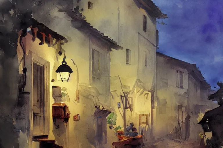 Image similar to paint brush strokes, abstract watercolor painting of rustic portuguese village at nightfall, lantern, ambient lighting, art by hans dahl, by jesper ejsing, art by anders zorn, wonderful masterpiece by greg rutkowski, cinematic light, american romanticism by greg manchess, creation by tyler edlin