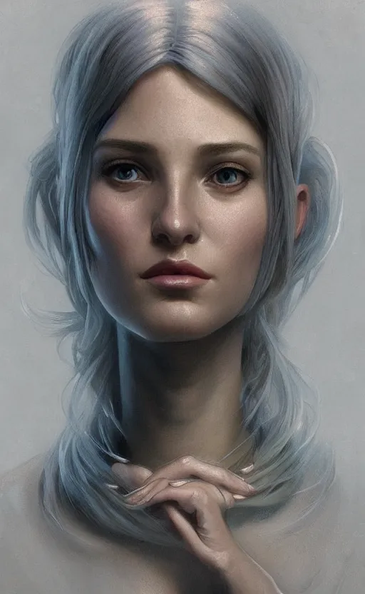 Image similar to portrait of a grey alien, pretty, confident, intricate, headshot, highly detailed, digital painting, artstation, concept art, sharp focus, cinematic lighting, illustration, art by artgerm and greg rutkowski, alphonse mucha, cgsociety