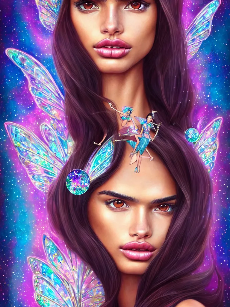 Image similar to fantastic portrait of sara sampaio with some shinny star, cloak, royally decorated crystal gemstones, symmetrical face, 3 d render, portrait, cute, fairy, by artgerm, kelly mckernan, detailed background, artstation, intricate, elegant, highly detailed, colorful, maximalist