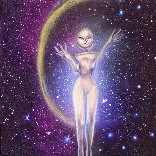 Prompt: photorealistic drawing of a female alien standing in the stars with a galaxy overhead