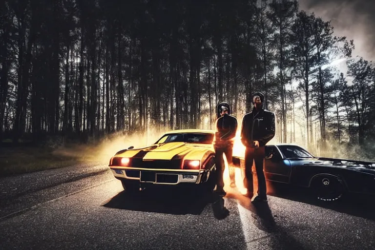 Image similar to close up of micheal knight wearing biker jacket standing next to pontiac firebird trans - am with black paint, sunrise, eerie light, fireflies, dramatic, cinematic, forest, horror, sunbeams, volumetric lighting, wide shot, low angle, lightning storm hitting the car