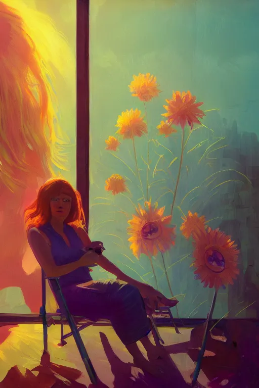 Prompt: closeup, giant flower face, woman sitting on lounge chair by a large window, sunrays, surreal photography, studio light, impressionist painting, digital painting, artstation, simon stalenhag