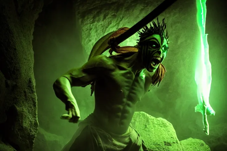 Image similar to vfx film, soul reaver, raziel irl, price of persia movie, missing jaw, hero pose, devouring magic souls, glowing green soul blade, in epic ancient sacred huge cave temple, flat color profile low - key lighting award winning photography arri alexa cinematography, hyper real photorealistic cinematic beautiful, atmospheric cool colorgrade