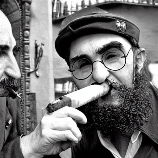 Image similar to Harry Potter smokes a Cuban cigar with Fidel Castro. Photo. Good quality. Hyperrealism.