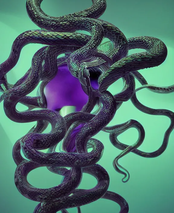 Image similar to beautiful medusa head highly detailed snakes, cosmic horror, abstract, ghostly, arcade, duotone, poltergeist, epic lighting, intricate, elegant, highly detailed, smooth, sharp focus, photo real, ultra realistic, unreal engine 5, raytracing, in the style of beeple and mike winkelmann, ultraviolet colors