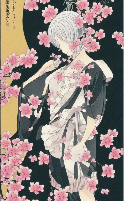 Image similar to by akio watanabe, manga art, realistic anatomy, a girl with white hair and blossoming sakura petals, trading card front, kimono, sun in the background