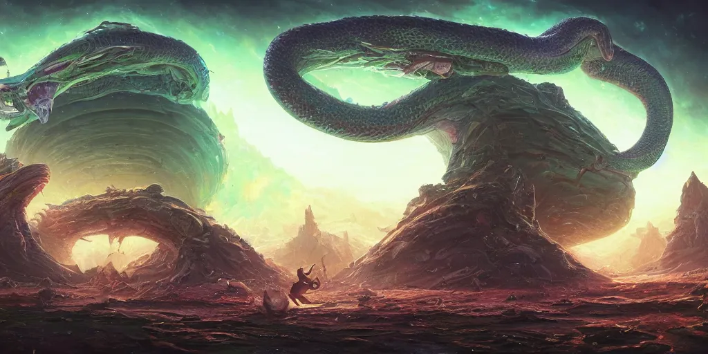 Prompt: a hyperrealistic illustration of several creatures fighting a giant alien snake in a huge spaceshipt, fantasy art, alena aenami, petros afshar, noah bradley, anton fadeev, steve henderson, filip hodas, mark keathley, thomas kinkade, phil koch, gilbert williams, mike winkelmann, beeple