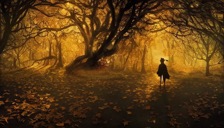 Image similar to golden leaves at frame border, creative!!! composition for a book cover!!!, absurdly beautiful, ultrafine hyperrealistic detailed old!! witch face by wlop and max liebermann and albert bierstadt, intricate linework, sharp focus, smooth, octopath traveler, final fantasy, unreal engine, dramatic lighting, ethereal, 8 k