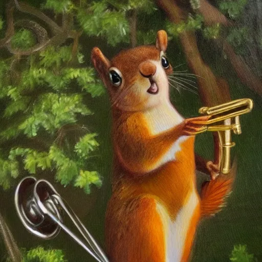 Image similar to squirrel with a trumpet in an oak tree, oil painting