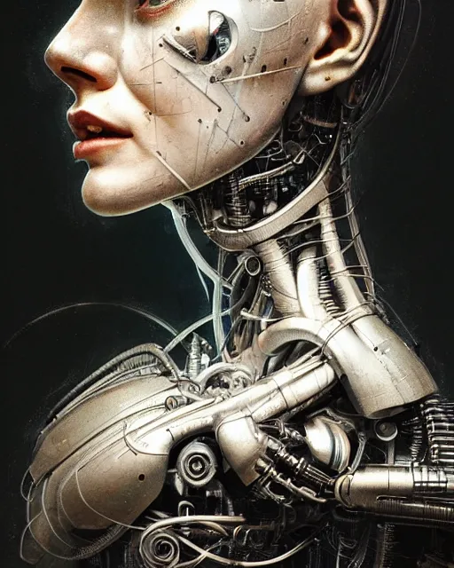 Image similar to a young beautiful female cyborg profile face, by h. r. giger, by ismail inceoglu, by kiki smith, glamor shot, vintage, closeup, f / 2. 8, low contrast, 1 6 k, rim lighting, cinematic lighting, insanely detailed and intricate, hypermaximalist, elegant, ornate, hyper realistic, super detailed