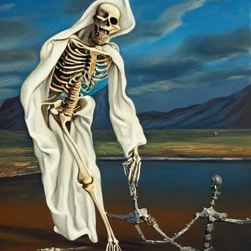 Image similar to oil painting of a skeleton wearing white robes scooping liquid out of a golden pond