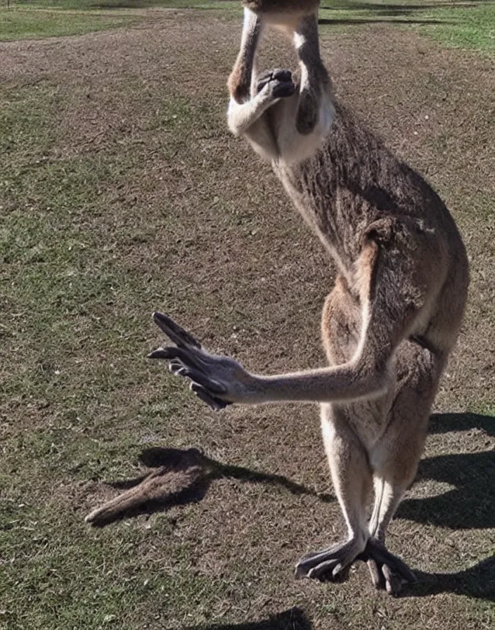 Image similar to kangaroo caught throwing gang sign, viral photo, viral on twitter, bad quality, phone photo, leaked photo, paparazzi photo, realistic, 720p