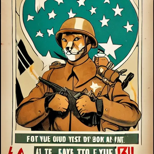 Image similar to fox animal dressed as a soldier in the style of a ww 2 propaganda poster