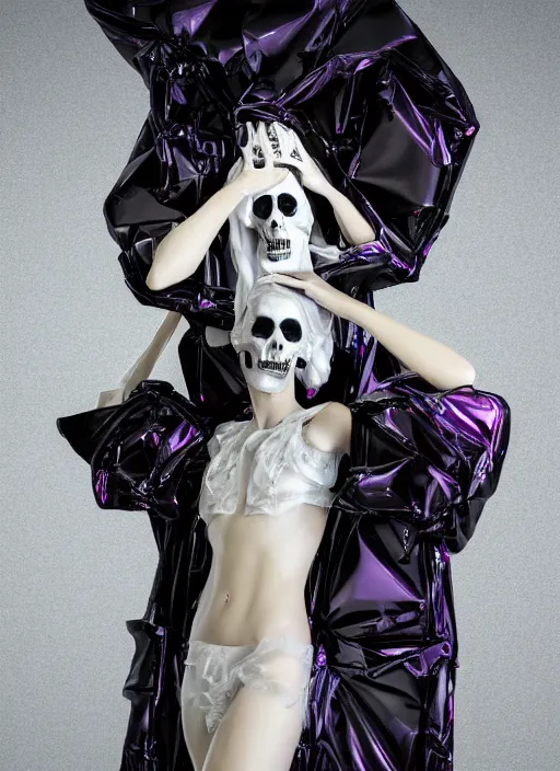 Prompt: photo of fullbodied baroque and bladerunner delicate neon diamond sculpture of seductive onyx albino marble prince zac stenmark dotado mint iridescent humanoid deity wearing black plastic trashbag hooded cloak holding hellfire skull in a onyx alien dungeon, reclining, glowing magenta face, crown of white diamonds, cinematic lighting, photorealistic, octane render 8 k depth of field 3 d