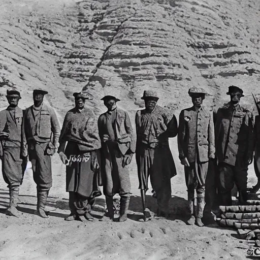 Prompt: ultra detailed photorealistic sepia - toned photo from 1 9 1 7, 5 clean - shaven british soldiers standing with bedouin traders in traditional arab garb, at an archaeological dig site in wadi rum, ultra realistic, painted, intricate details, lovecraft, atmospheric, dark, horror, brooding, highly detailed, by clyde caldwell