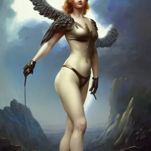 Image similar to Jennifer Lawrence as dark angel of medieval art, medium shot, intricate, elegant, highly detailed, digital painting, volumetric light, artstation, concept art, smooth, sharp focus, illustration, art by Gil Elvgren and Greg Rutkowski and Alphonse Mucha, 8K