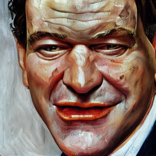 Image similar to high quality high detail painting by lucian freud, hd, portrait of smiling tarantino