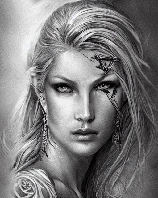 Image similar to tattoo sketch of beautiful greek goddess aphrodite with arrowhead earrings, beautiful piercing eyes, flowing blonde hair, realistic face, hyper realistic, in the style of greg rutkowski, fantasy, amazing detail, epic, intricate, elegant, smooth, sharp focus